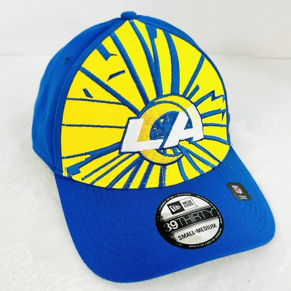 Los Angeles Rams New Era Shockwave 39THIRTY Stretch Flex Hat Cap S/M Blue NFL